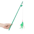 Green interactive cat feather wand toy with bell attachment and a comfortable grip handle.