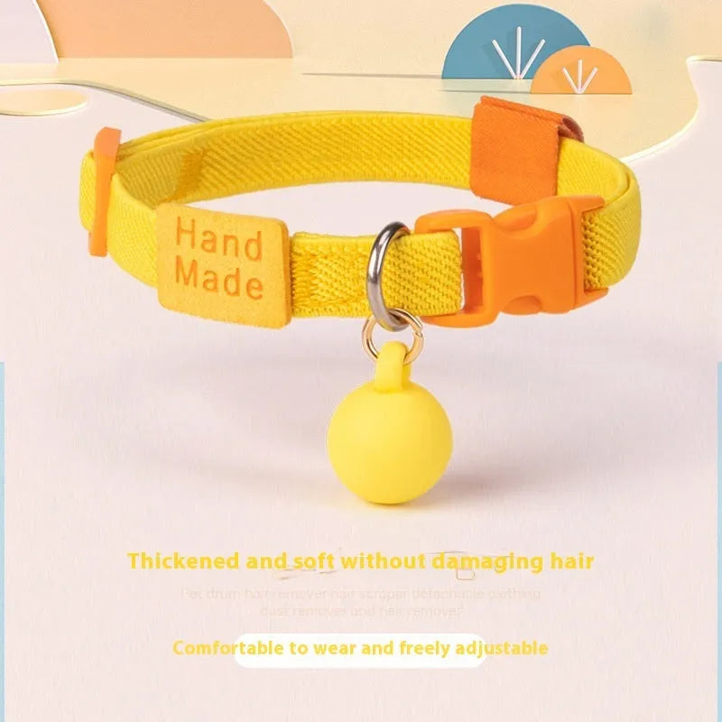 Small dog wearing high elasticity polyester pet collar in yellow colour