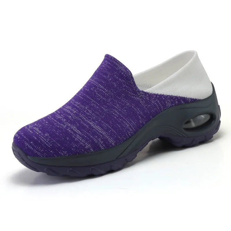 Lightweight non-slip walking shoes with flying weave upper and PU rocking sole, in blue pink purple white, sizes 35-42