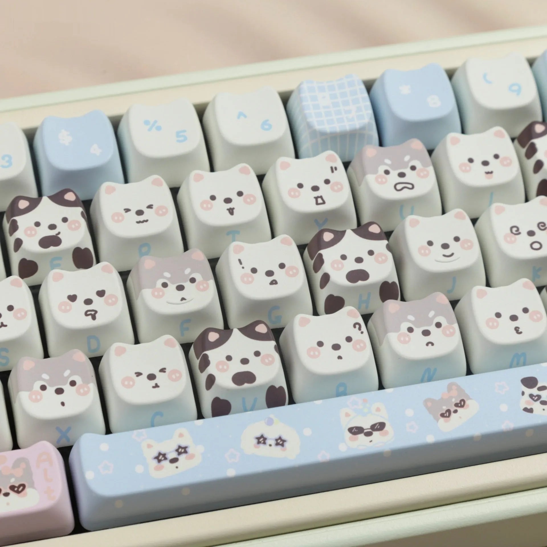 PBT sublimation keycap set showing detailed puppy and cat designs on mechanical keyboard keys
