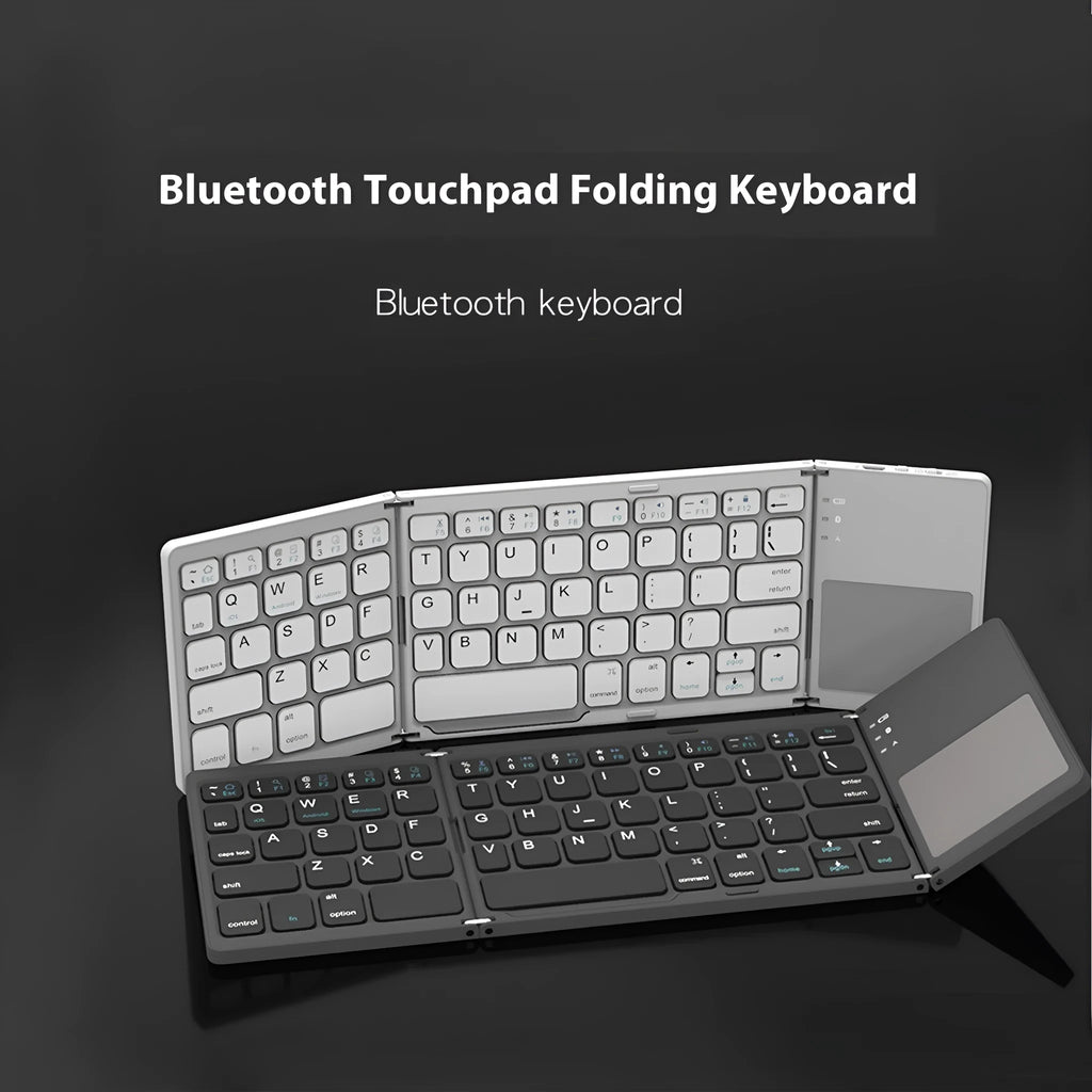 Black tri-fold Bluetooth keyboard shown unfolded with ultra-thin profile beside silver folded version