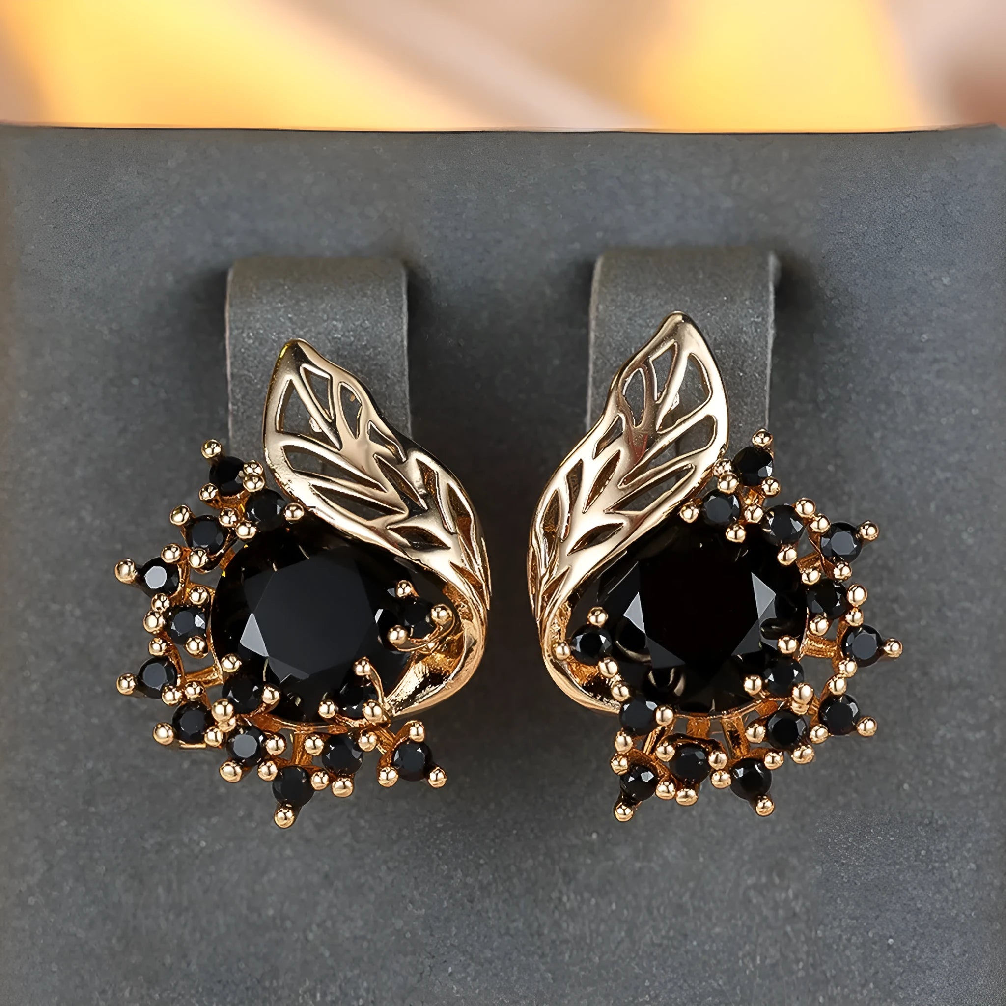 Round flower feather zircon earrings in champagne gold with coloured diamond options