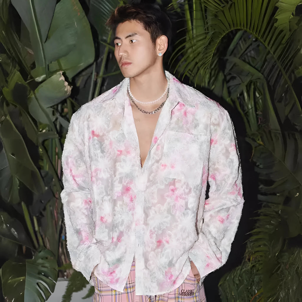 Floral long sleeve shirt with embossed three-dimensional pattern in pink colour option