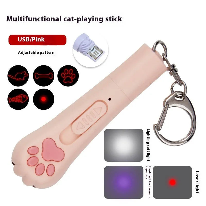 Rechargeable cat teasing stick with laser patterns and moon-light lamp in choice of colours