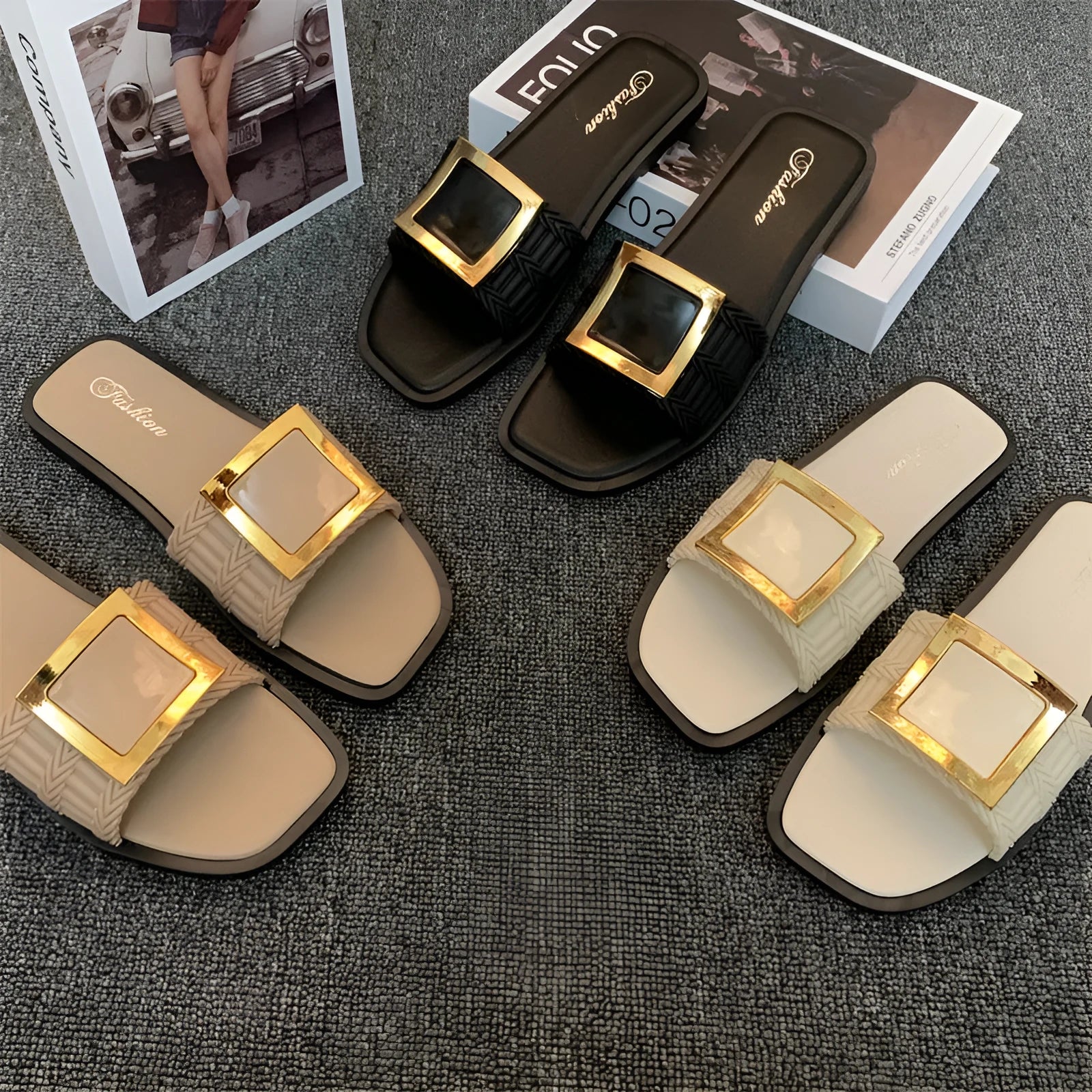 Women's apricot summer flat slippers with casual PVC non-slip sole