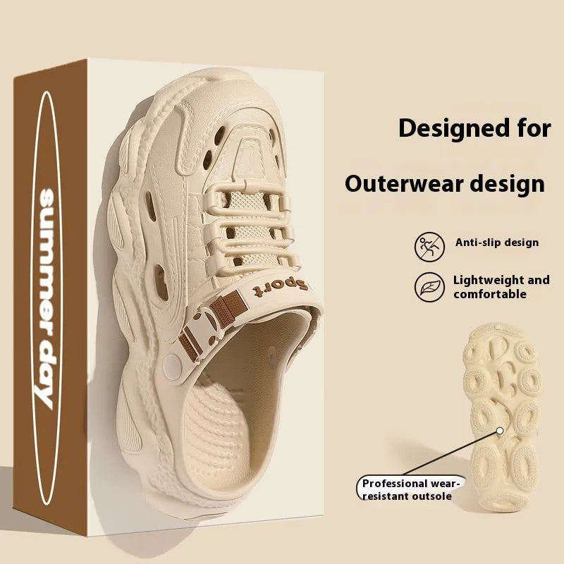 Men's khaki outdoor slippers with breathable hollow-out design and textured EVA sole.