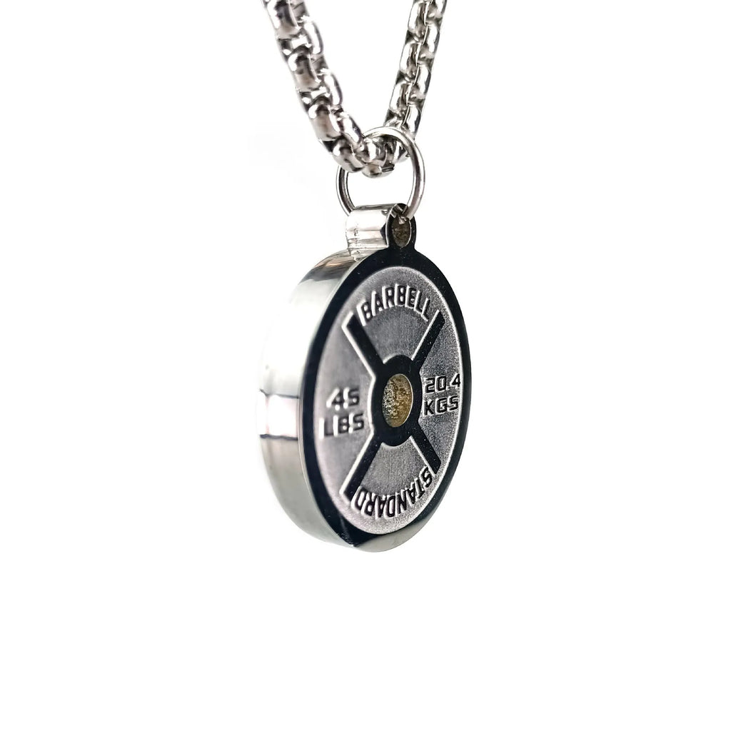 Stainless steel barbell disc geometric pendant necklace on a choice of pearl, gold, or black 60cm chain.