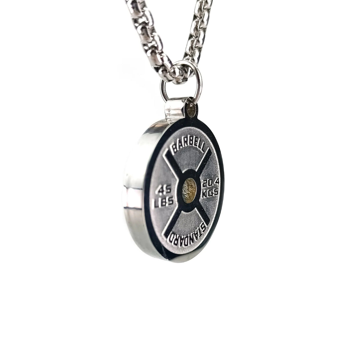 Stainless steel barbell disc geometric pendant necklace on a choice of pearl, gold, or black 60cm chain.