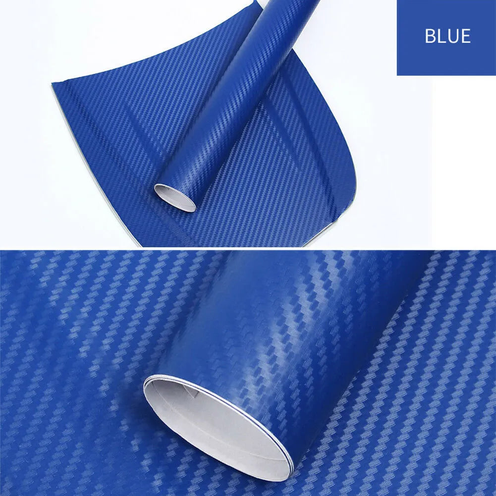 Roll of 3D carbon fibre car sticker showing black, silver, blue, and yellow colour options