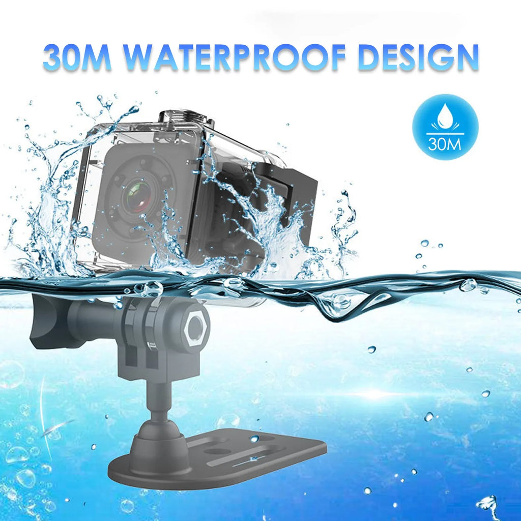 SQ29 black waterproof sports camera with MicroUSB port and TF card slot for action recording.