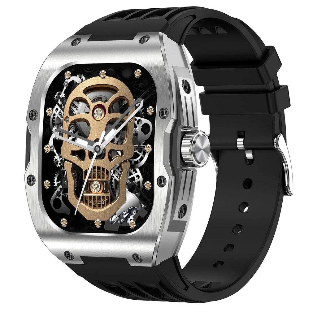 Men's smart watch with AMOLED screen on wrist showing fitness stats, available in black and orange colour variants.
