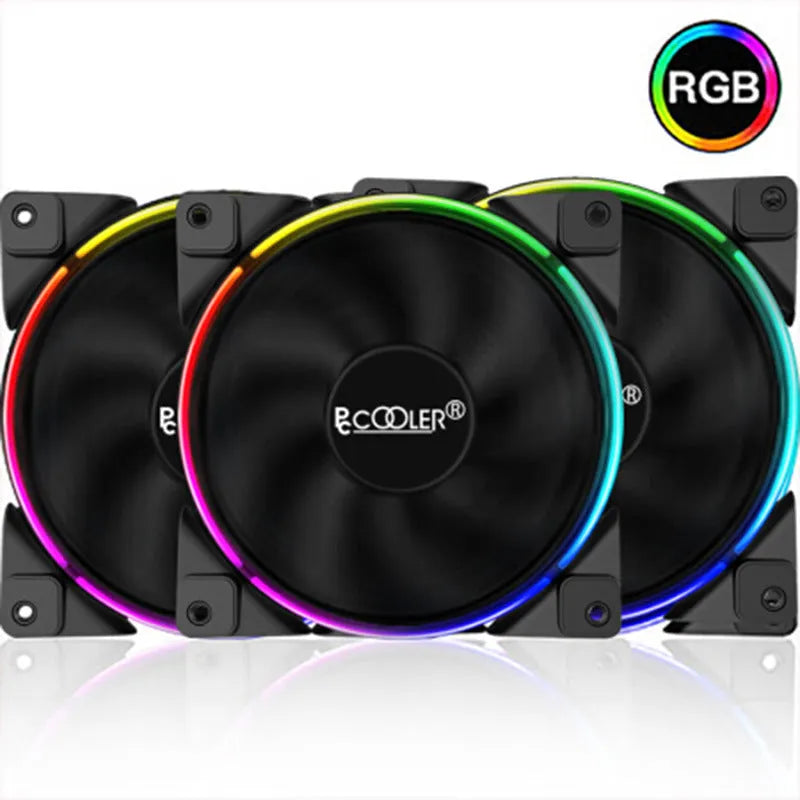 Set of three black 120mm RGB cooling fans for a PC case.