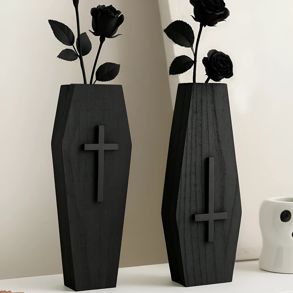 Wooden cross-shaped wall shelf with small vase holders in black, brown, or white wash finish.