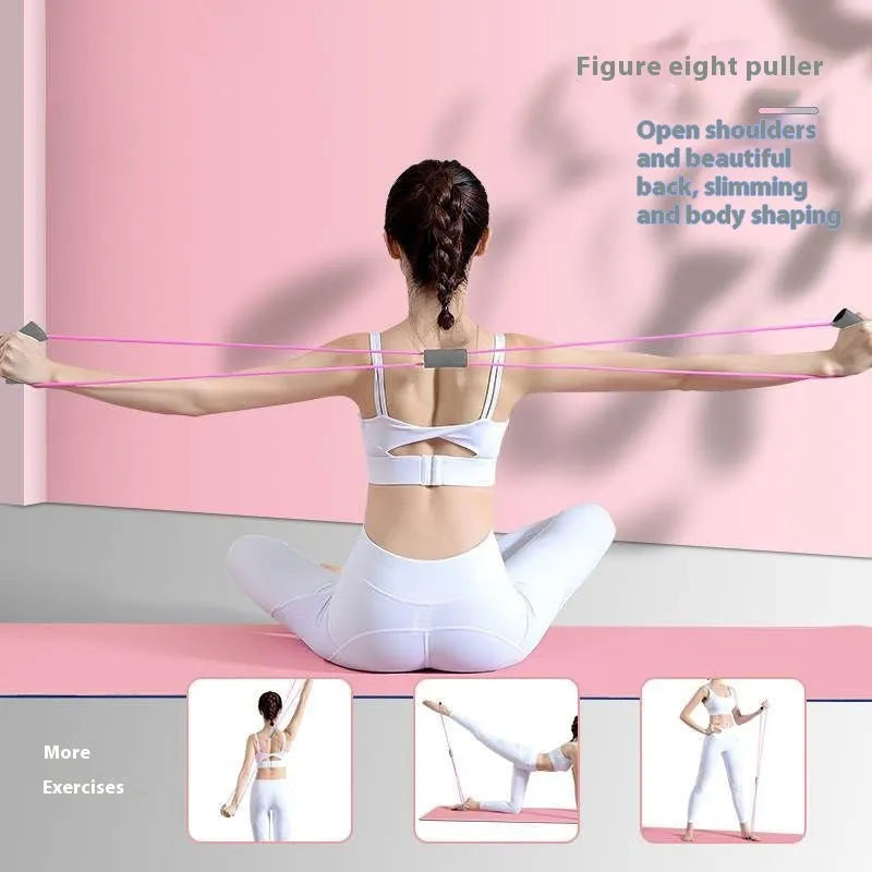 Yoga four-piece set showing leg beauty device, yoga ring, pedal tension device and figure-eight tension rope for home fitness