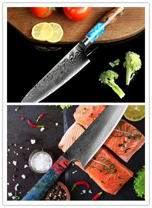 Eight-piece kitchen knives set showing chef knife, bread knife, boning knife and fruit peel knife with Damascus steel blades
