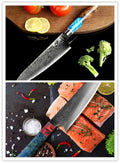 Eight-piece kitchen knives set showing chef knife, bread knife, boning knife and fruit peel knife with Damascus steel blades