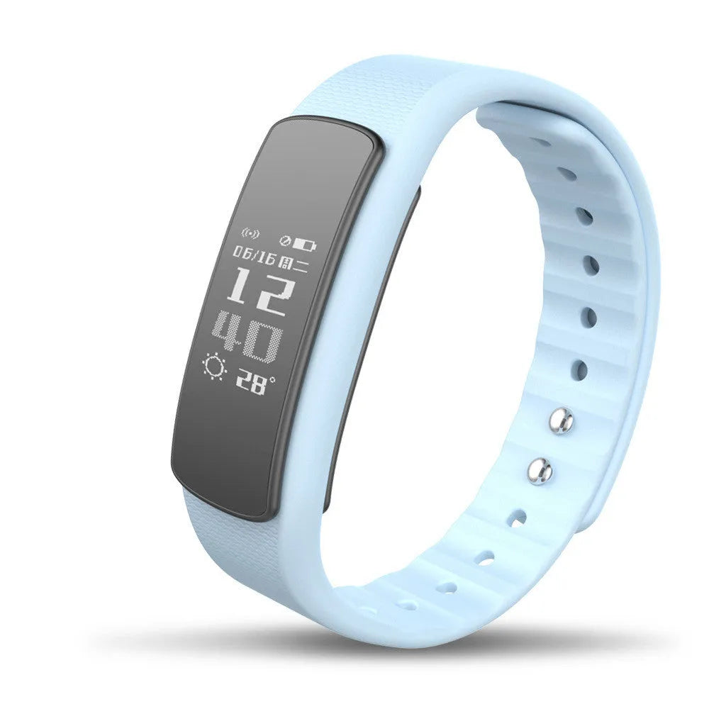 I6 smart sports bracelet in black with a 0.96-inch screen on a wrist.