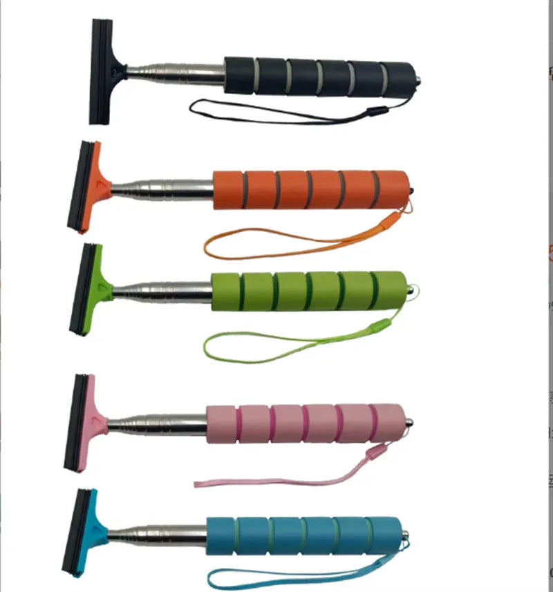 Retractable stainless steel wiper for car exterior rearview mirror showing extended and retracted positions