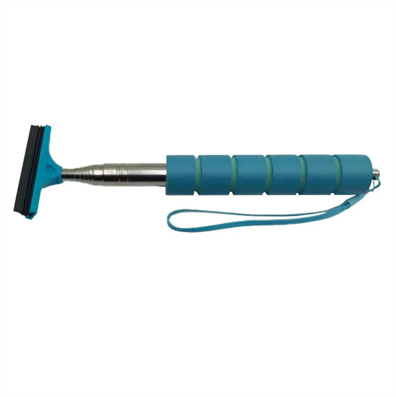 Retractable stainless steel wiper for car exterior rearview mirror showing extended and retracted positions