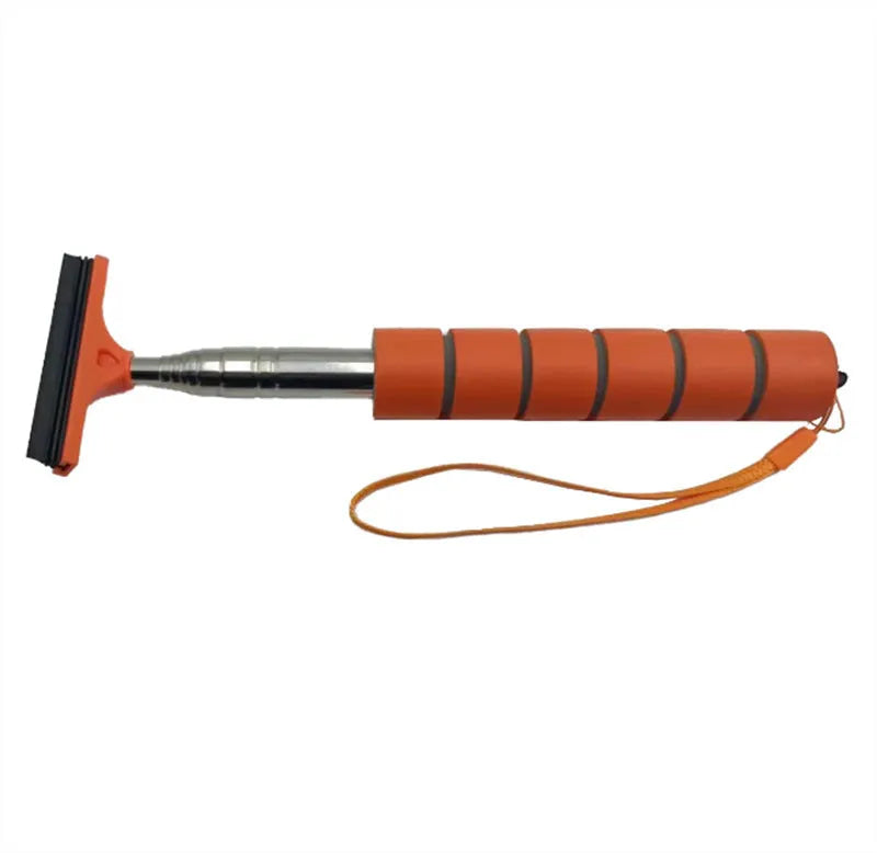 Retractable stainless steel wiper for car exterior rearview mirror showing extended and retracted positions