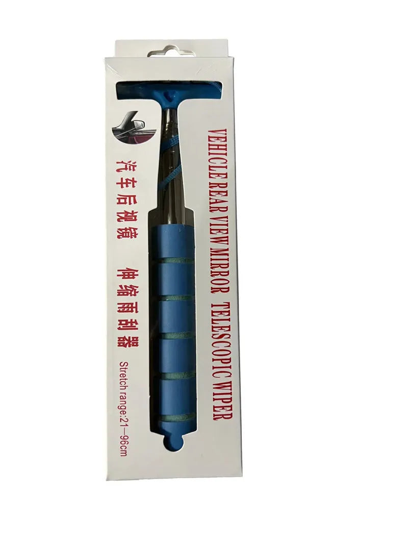 Retractable stainless steel wiper for car exterior rearview mirror showing extended and retracted positions
