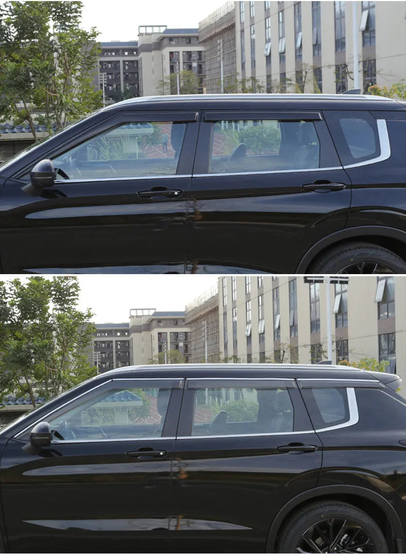 Black engineering plastic window deflectors installed on a silver 2023 Mitsubishi Outlander SUV side windows.