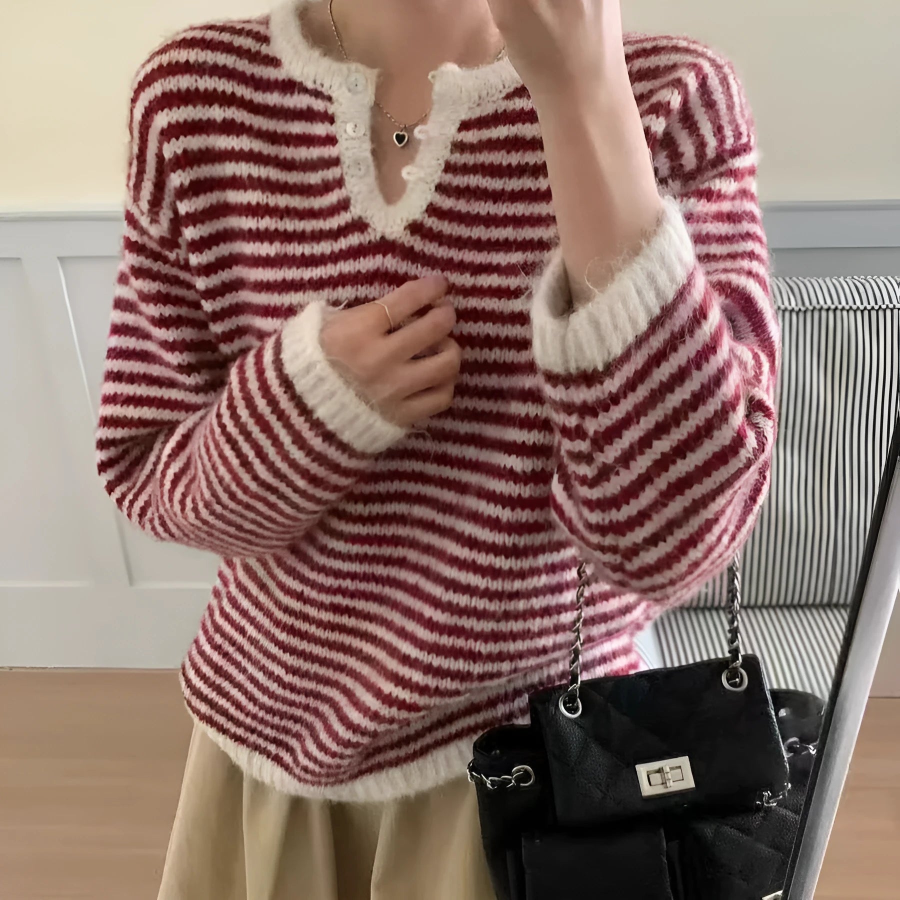 Women's striped cashmere pullover sweater in red and blue colour options with retro styling