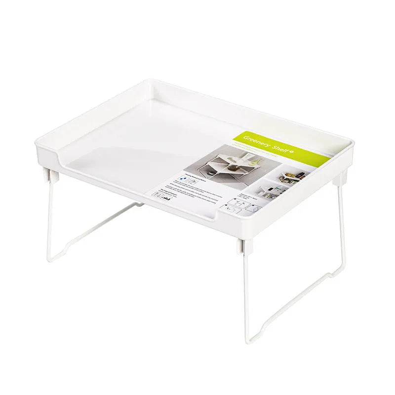 White and transparent plastic kitchen shelf organiser for countertop or cupboard storage.