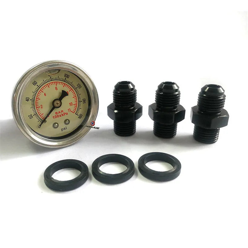 Black CNC aluminum fuel pressure regulator with adjustable 30-70 psi range and oil strap