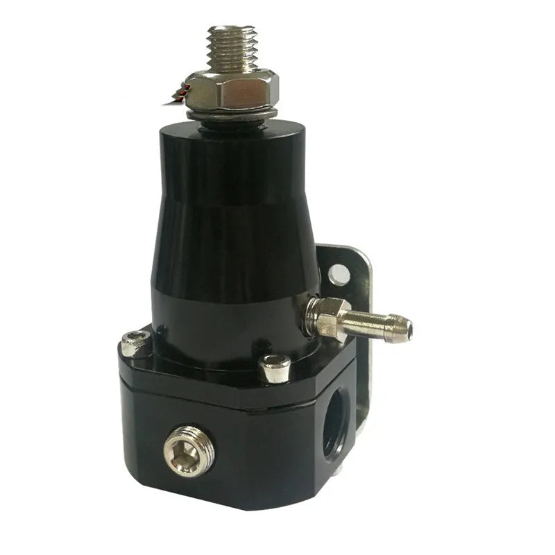 Black CNC aluminum fuel pressure regulator with adjustable 30-70 psi range and oil strap