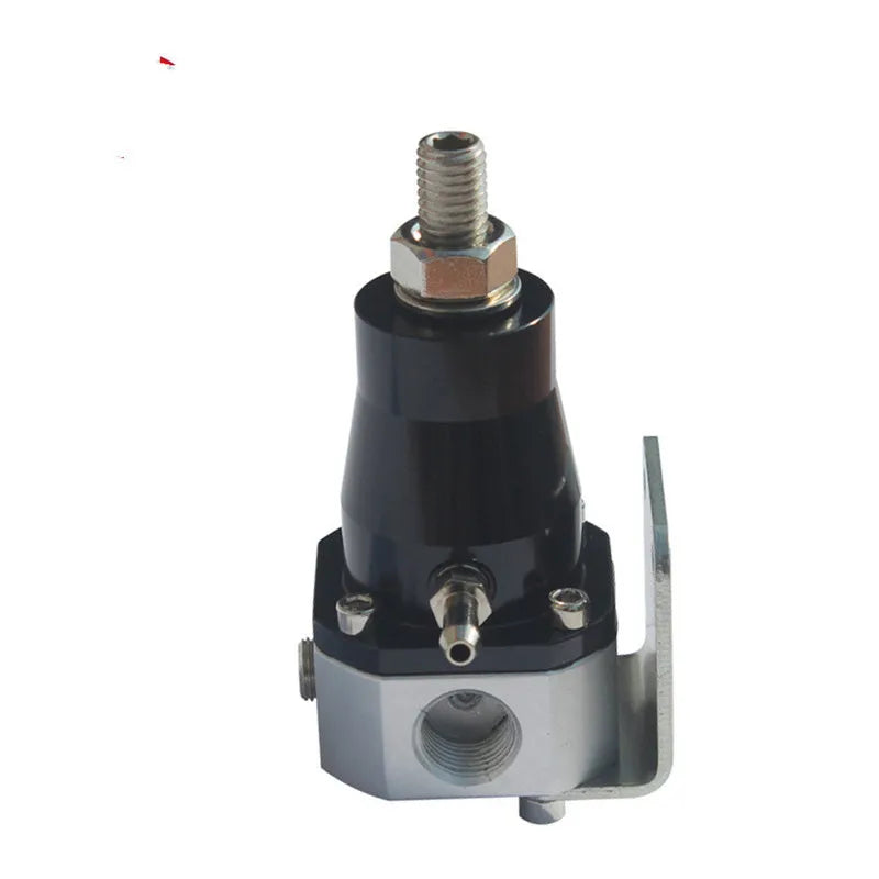 Black CNC aluminum fuel pressure regulator with adjustable 30-70 psi range and oil strap