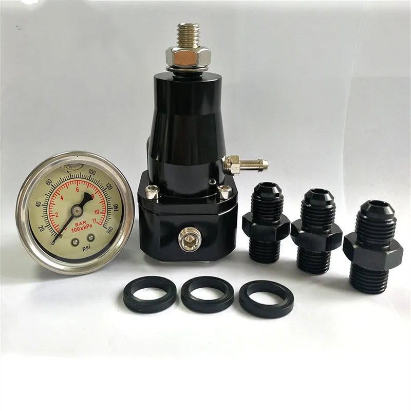 Black CNC aluminum fuel pressure regulator with adjustable 30-70 psi range and oil strap