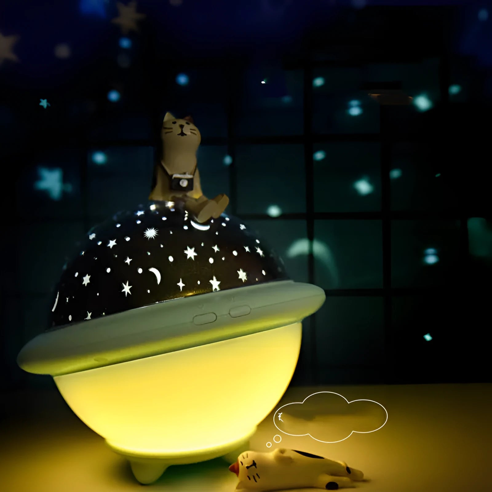 UFO shaped plastic LED night light projecting starry sky effect available in pink white and green