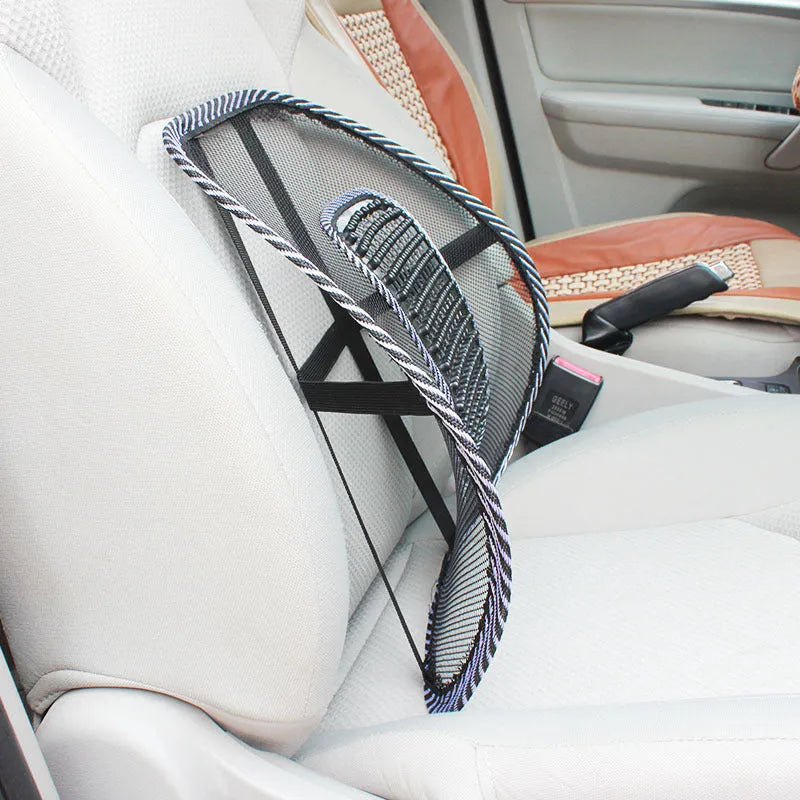 Black car lumbar support pillow with leather exterior and steel wire frame for adjustable back support