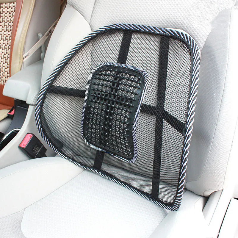Black car lumbar support pillow with leather exterior and steel wire frame for adjustable back support