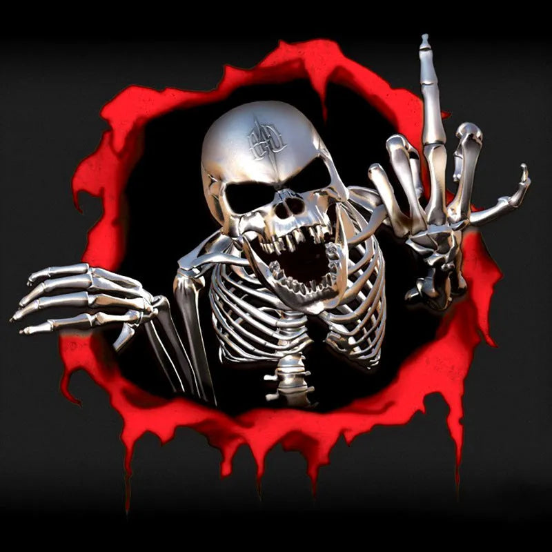 Colourful broken shell design metal skull bumper sticker measuring 15cm by 14cm on PET material