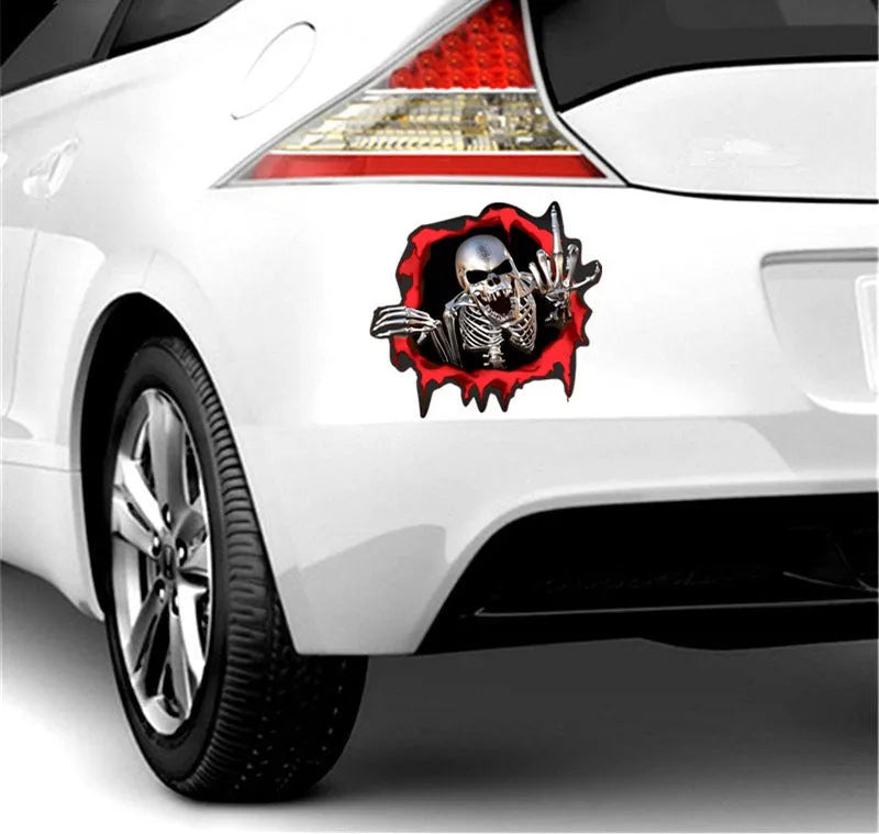 Colourful broken shell design metal skull bumper sticker measuring 15cm by 14cm on PET material
