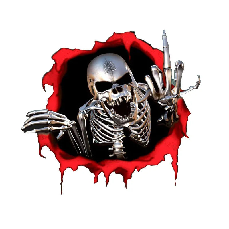 Colourful broken shell design metal skull bumper sticker measuring 15cm by 14cm on PET material