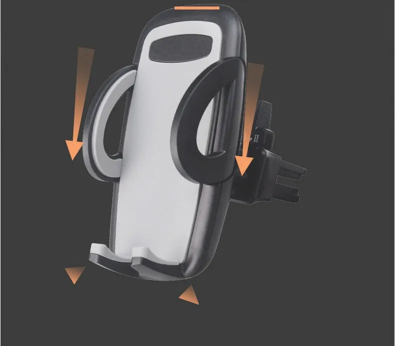 Black plastic car air conditioning vent mobile phone holder showing adjustable clamp for universal device mounting.