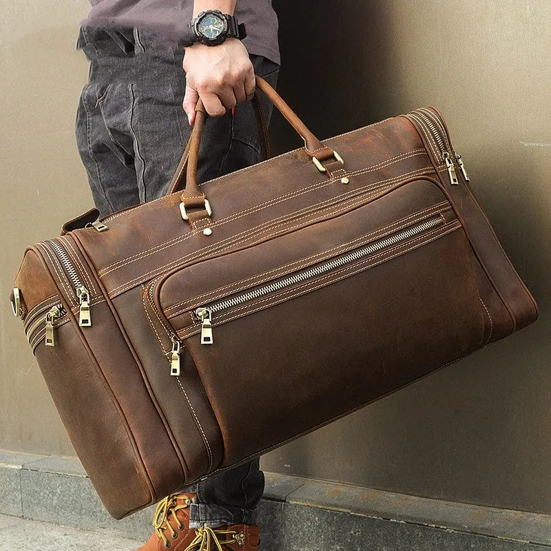 Crazy horse leather crossbody travel bag in dark brown with first layer cowhide, 36-55L capacity, for leisure travel