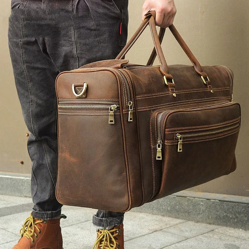 Crazy horse leather crossbody travel bag in dark brown with first layer cowhide, 36-55L capacity, for leisure travel