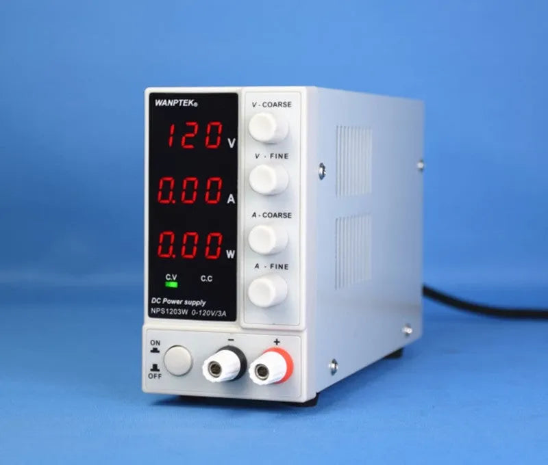 White adjustable DC power supply unit for electronics repair with voltage and current controls