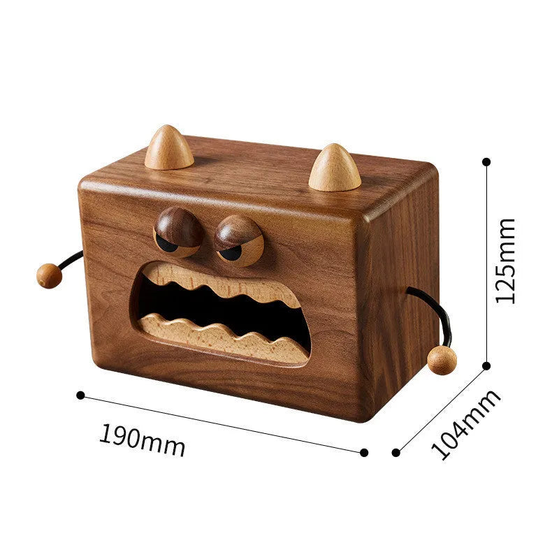 Little Monster cartoon character design on a wooden tissue box in walnut beech finish.