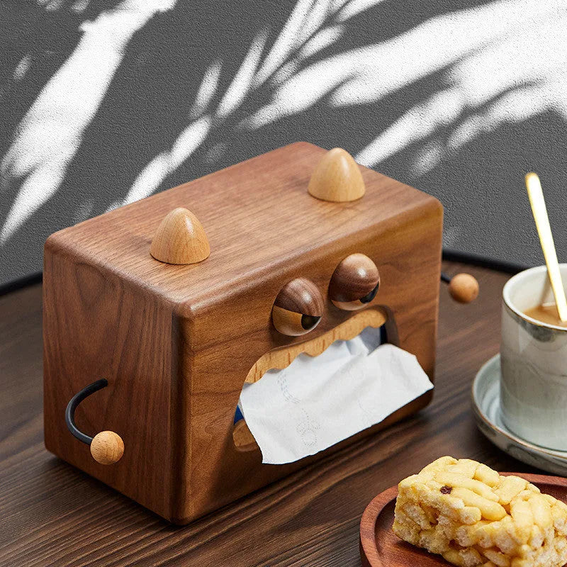 Little Monster cartoon character design on a wooden tissue box in walnut beech finish.