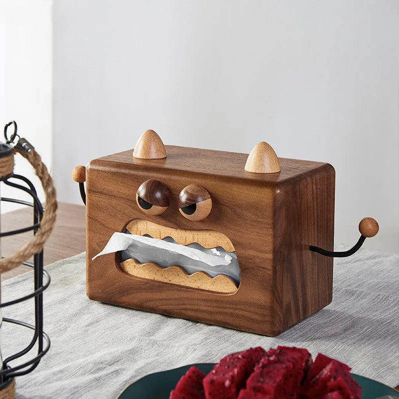 Little Monster cartoon character design on a wooden tissue box in walnut beech finish.