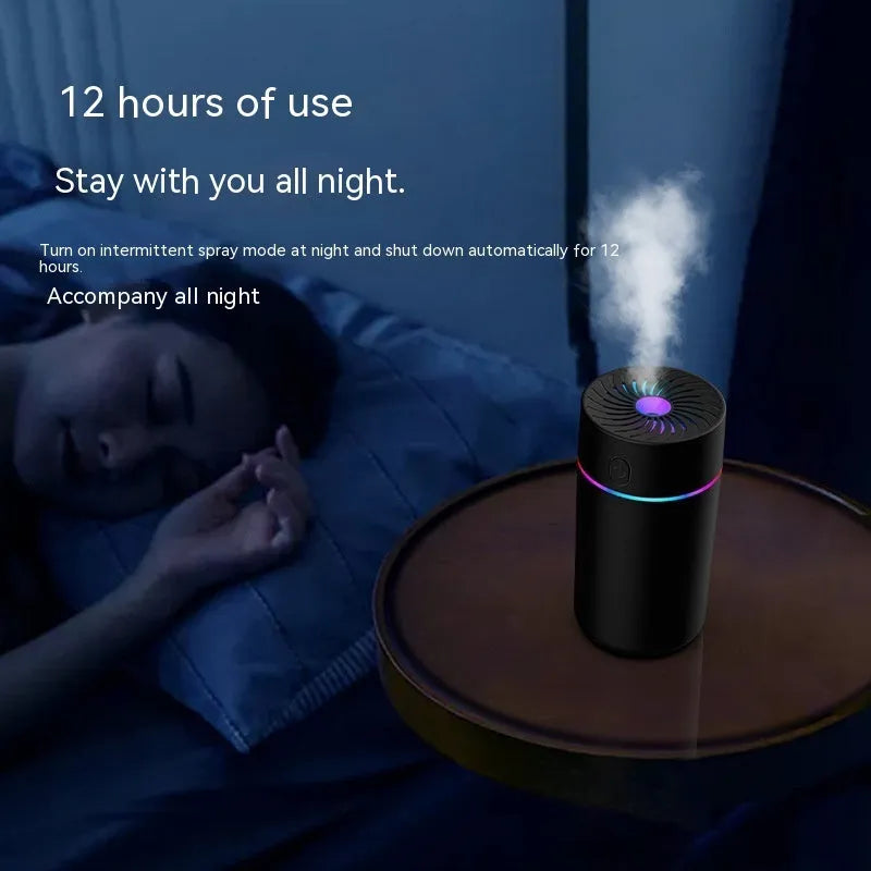 Compact USB car humidifier with aromatherapy function showing black and white colour options for vehicle use