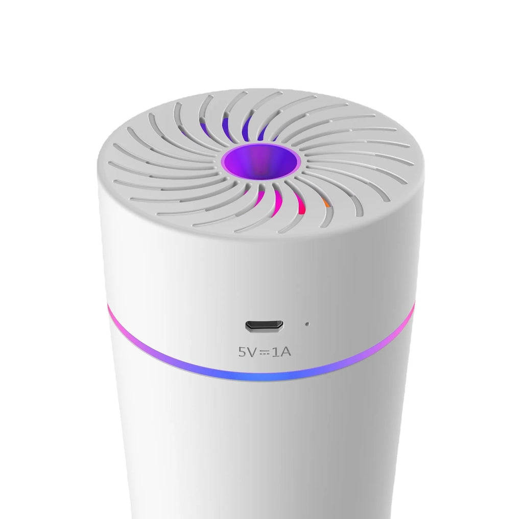 Compact USB car humidifier with aromatherapy function showing black and white colour options for vehicle use