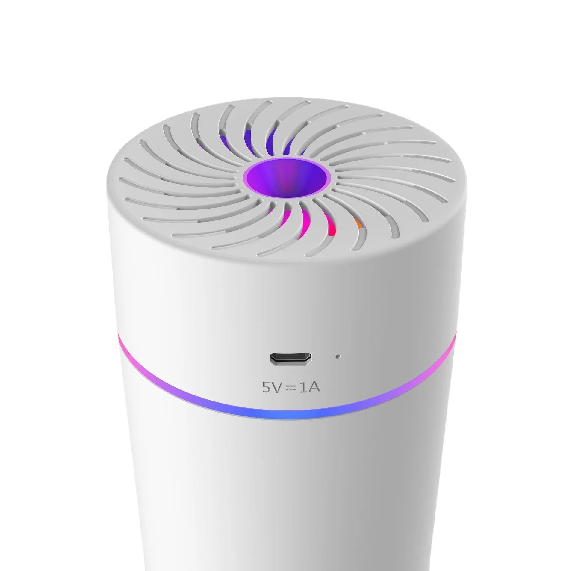 Compact USB car humidifier with aromatherapy function showing black and white colour options for vehicle use