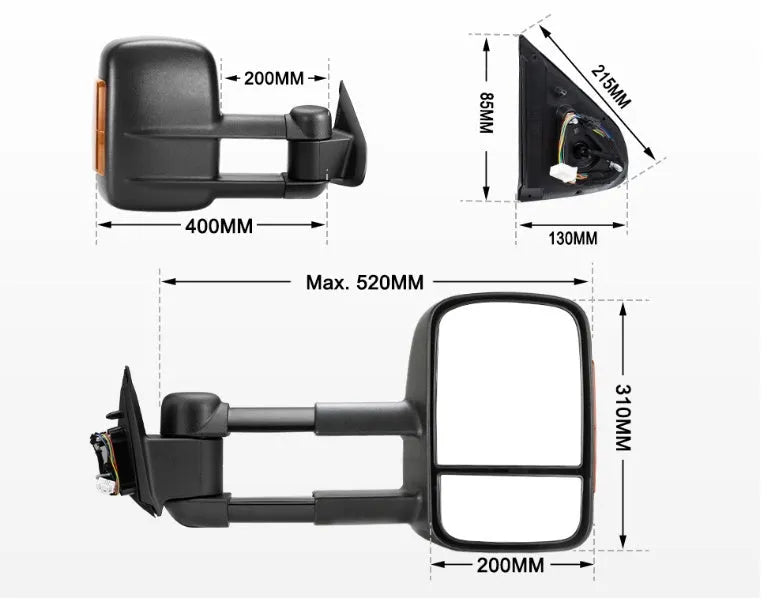 Black electric exterior rear view mirror for Nissan NP300 D23 2015 model with integrated light.