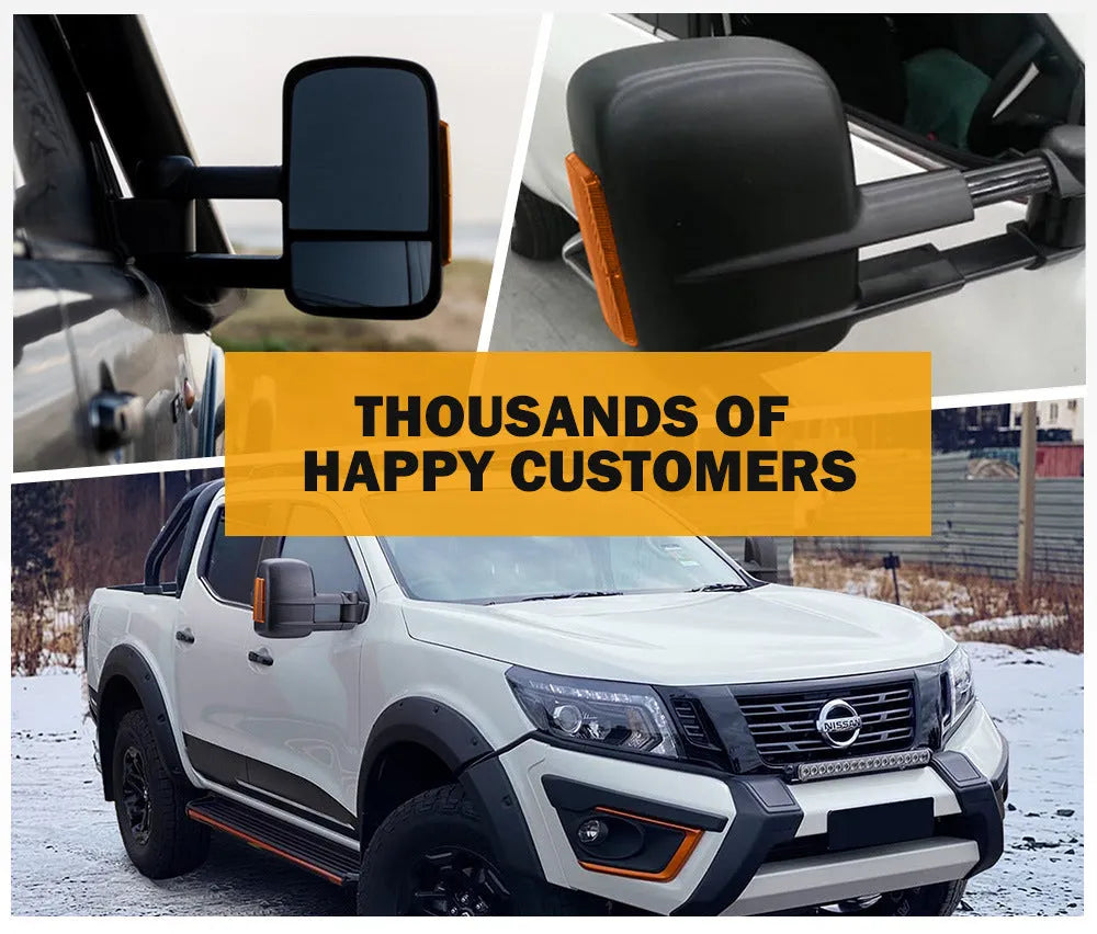 Black electric exterior rear view mirror for Nissan NP300 D23 2015 model with integrated light.
